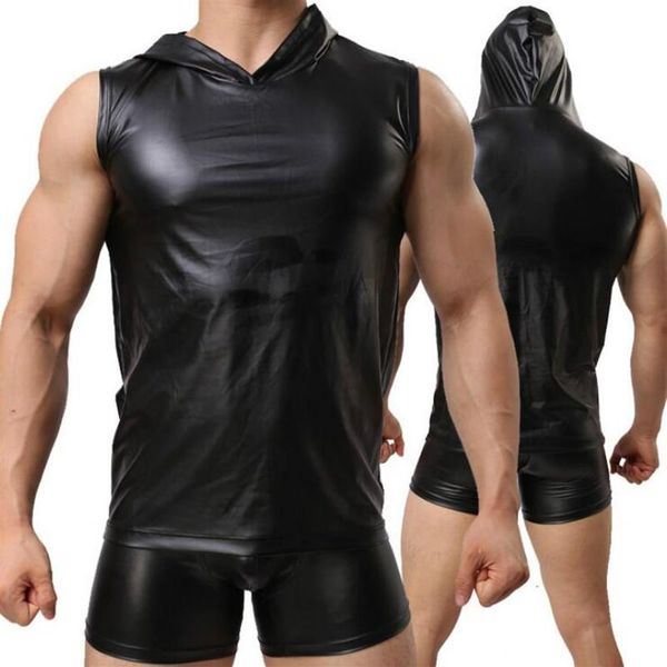 Regatas masculinas homens sexy fetiche falso couro com capuz colete e boxer masculino preto roupa interior erótica lingerie clubwear325q