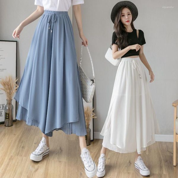 Damesbroek Vrouwelijke Chiffon Ademend Wijde pijpen Met Zakken Zomer Hoge Taille Losse Casual Rok G171