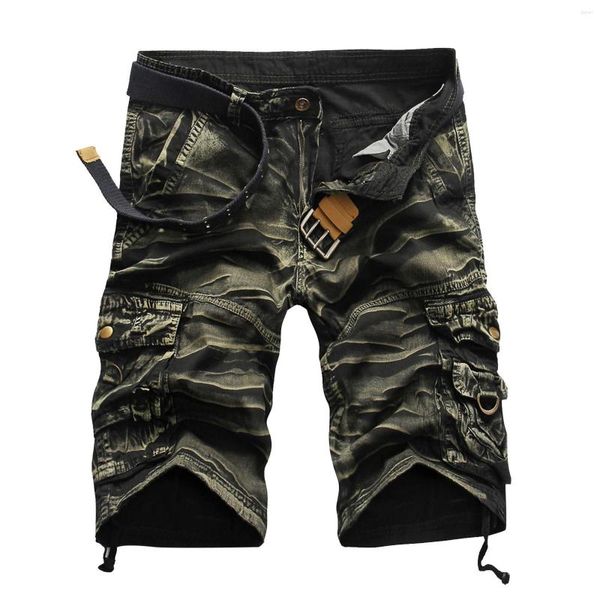 Shorts masculinos homens carga verão casual camuflagem impressão trabalho com multi bolsos relaxado ajuste botão reto zíper calças de praia