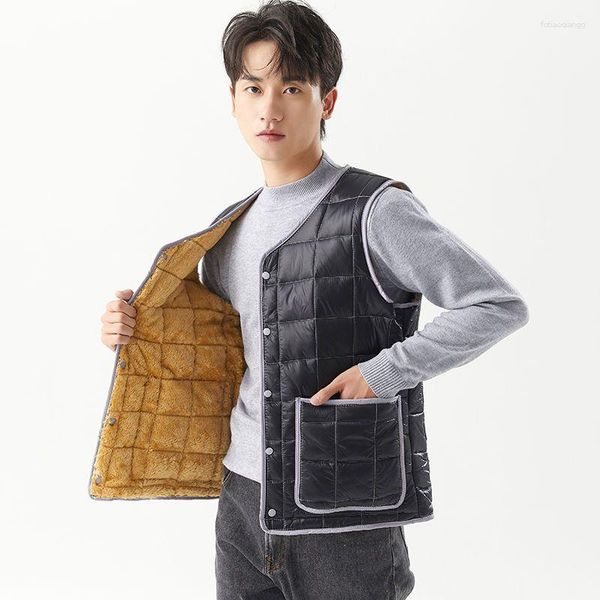 Coletes masculinos outono inverno velo homens sem mangas jaqueta streetwear engrossar single-breasted colete preto grandes bolsos para baixo colete de algodão