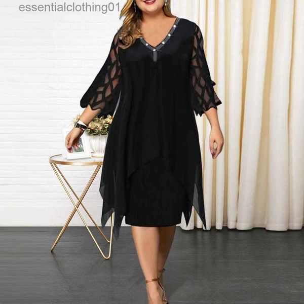 Vestidos Casuais Básicos Mulheres DressRhinestone Decor V-neck Lace Meia Manga Mulheres Vestido Irregular Hem Falso Duas Peças Plus Size Vestido Vestido L230918