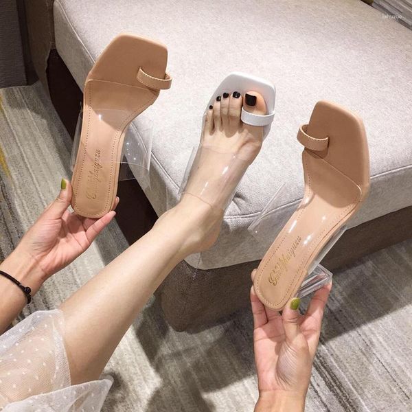 Chinelos verão moda estilo boca de peixe sapatos transparentes sandálias femininas salto de cristal stiletto mid-heel casual mulher