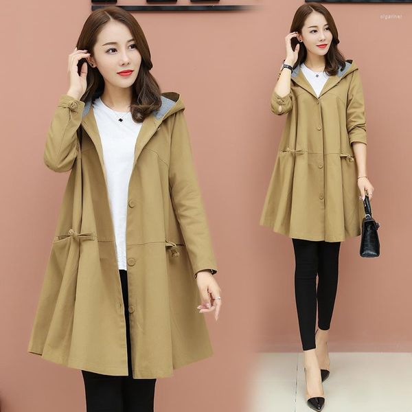 Trench da donna 2023 Primavera Autunno Cappotto da donna Giacca a vento con cappuccio Moda Cardigan lungo monopetto Capispalla femminile