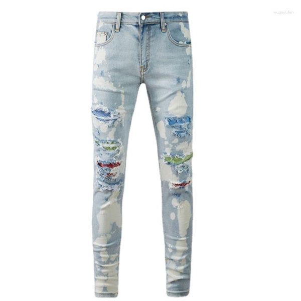 Erkek kot pantolon boyalı boyalı delinmiş yamalı erkek yırtık delik ince fit denim pantolon hip hop kalem pantolon