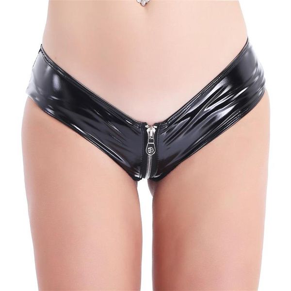 Pantaloncini in pelle da donna Mutandine Nero Lingerie erotica sexy Con cerniera con apertura sul cavallo Slip bikini a vita bassa Biancheria intima lucida Underpa223Q