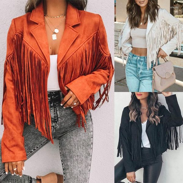 Jaquetas femininas mulheres tassel hem jaqueta curta 2023 outono senhoras laranja preto camurça casaco de couro feminino 90s vintage moda high street tops