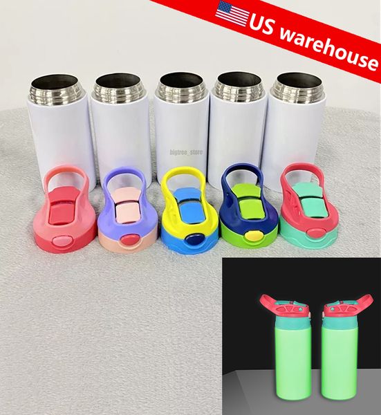 Magazzino statunitense Sublimazione Dritto Sippy Cup Bottiglia d'acqua da 12 once Verde che si illumina al buio Tazza per bambini Vuota Simpatico bicchiere a doppia parete in acciaio inossidabile sicuro per bambini