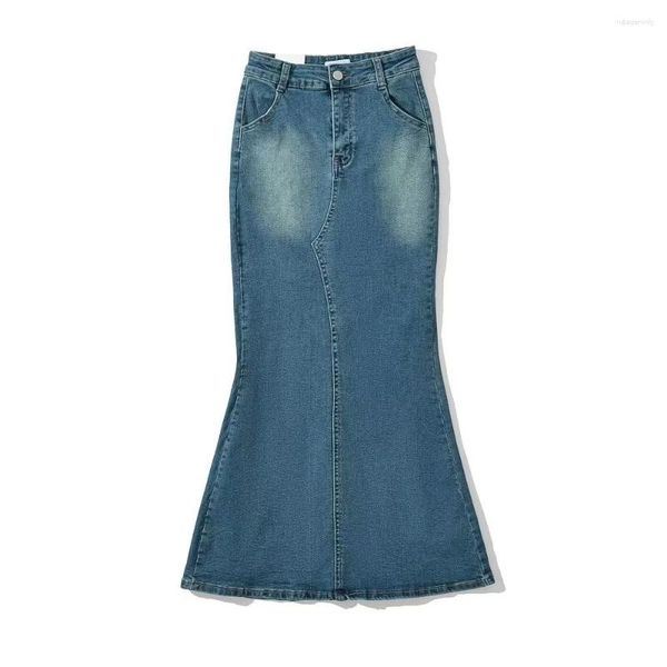 Saias de cintura alta elástica slim-fit denim micro-trompete fishtail mulheres 2023 verão retro back fenda saco nádega meia saia