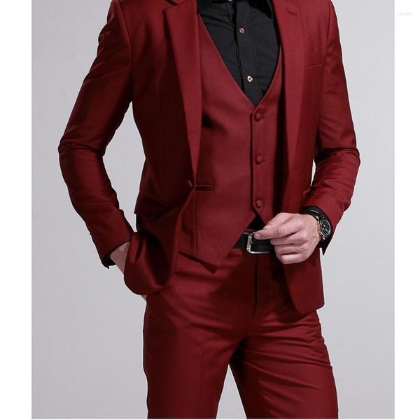 Ternos masculinos 2023 para homens traje vermelho hombre único breasted entalhado lapela três peças jaqueta calças colete baile terno masculino completo