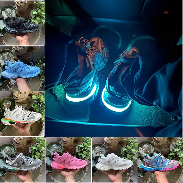 LED Track 3 3.0 Sneaker für Männer und Frauen, Schuhe, Track Runner, LED-beleuchtetes Gomma-Leder, graue Trainer-Nylon-bedruckte Plateau-Sneaker, leichte Spuren, Größe 45