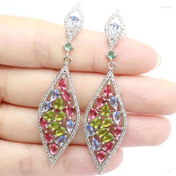 Brincos pendurados 67x17mm multicoloridos 9g rosa turmalina verde peridoto tanzanita londres azul topázio casamento feminino prata