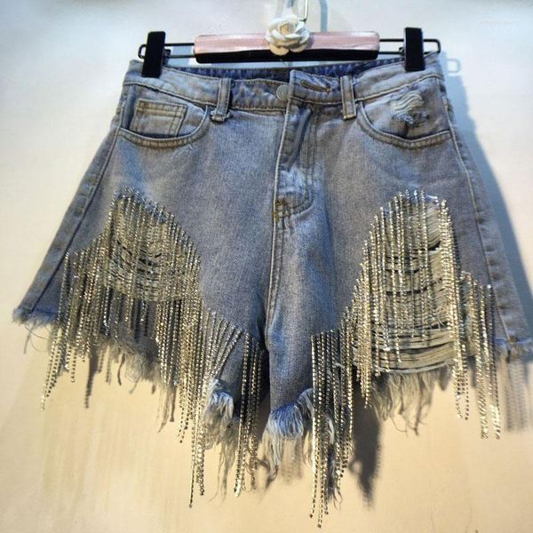 Jeans da donna con frange a strass e catena sottile Jean Pantaloncini a gamba media Stazione europea Vita alta strappata estiva