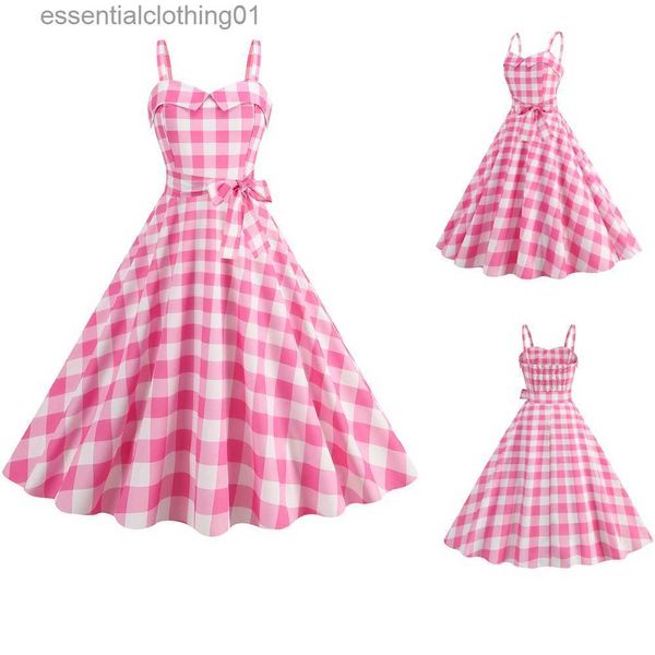 Grundlegende Freizeitkleider Retro Rosa Kariertes Kleid Frauen 2023 Robe Sexy Trägerlos Cocktail Rockabilly Party Prom Swing Süße Mädchen Sommerkleider Ropa Mujer L230918