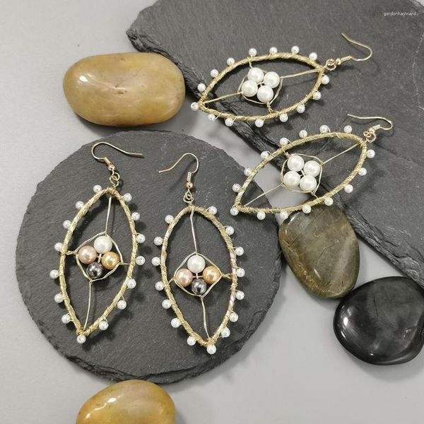 Pendientes colgantes hechos a mano con perlas de agua dulce para mujer, alambre de cobre, colgante circular, joyería para fiesta y boda