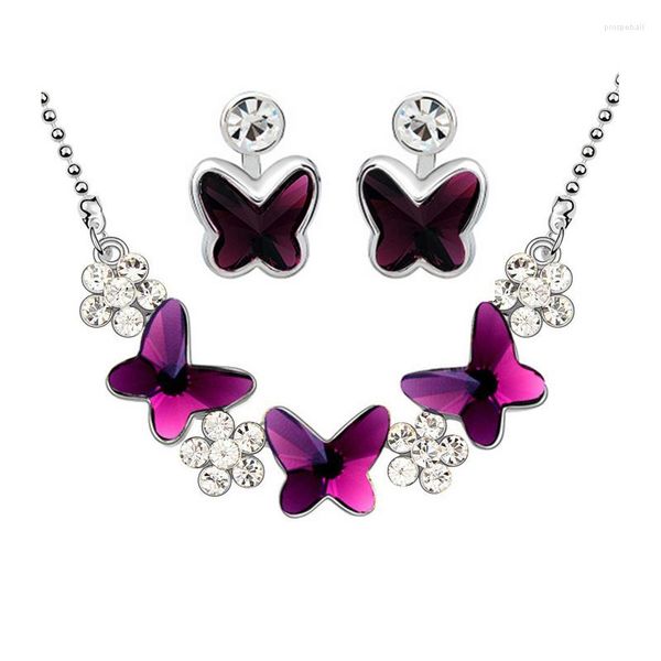 Набор серег-ожерелья, черный и фиолетовый австрийский кристалл, ювелирные изделия-гвоздики, серебряная бабочка для женщин, свадебный набор