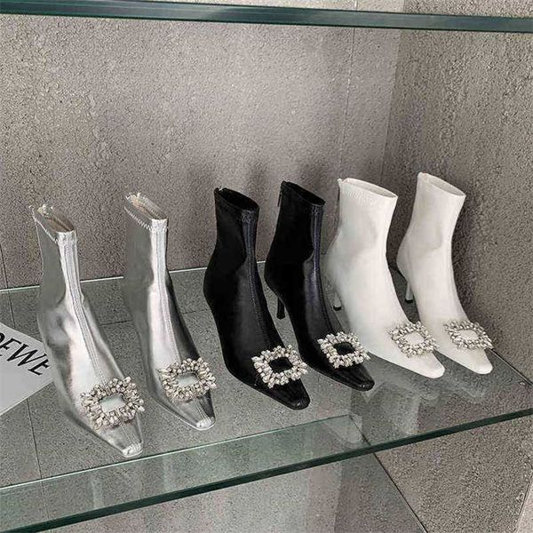 Moda Donna Stivaletti Nero bianco argento Autunno Primavera Stivaletti corti Strass Cristallo Fibbia Tacchi alti sottili Cerniera posteriore 220815