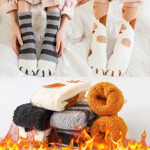 Женские толстые теплые носки, пушистые зимние носки с кошачьей лапой, милые мягкие забавные носки с героями мультфильмов, нечеткие носки для сна, Chaussette