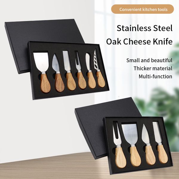 Ferramentas de queijo de aço inoxidável faca garfo conjunto madeira log premium pizza corte pá cozinha cozimento com caixa de presente 230918