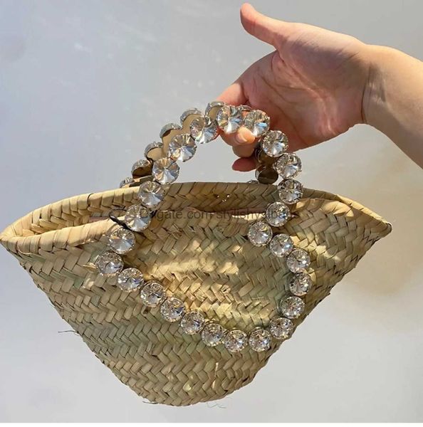 Totes luxo diamantes saco de palha coração lidar com bolsas femininas designer vime rattan saco verão praia cesta sacos ombro bolsas