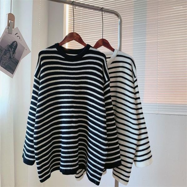 Suéter feminino clássico literário preto e branco listrado preguiçoso pulôver suéter 2023 primavera moda coreana tops soltos