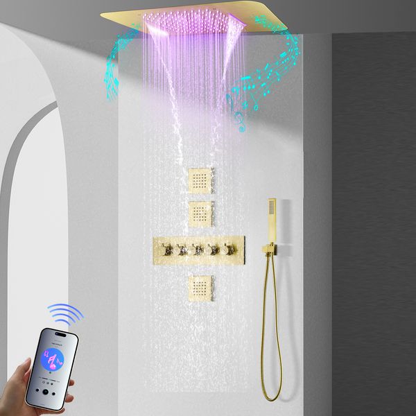 Cabeça de chuveiro com música led embutida no teto, 580*380mm, chuva e cachoeira, corpo principal termostático, conjunto de torneira de chuveiro de ouro escovado
