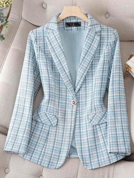 Ternos femininos escritório senhoras xadrez blazer 2023 outono inverno em mulheres azul damasco manga longa jaqueta formal feminino trabalho de negócios fino casaco