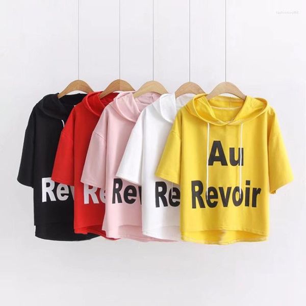 Hoodies femininos cor sólida solto moletom com capuz estilo coreano carta impressão pullovers verão cordão meia manga