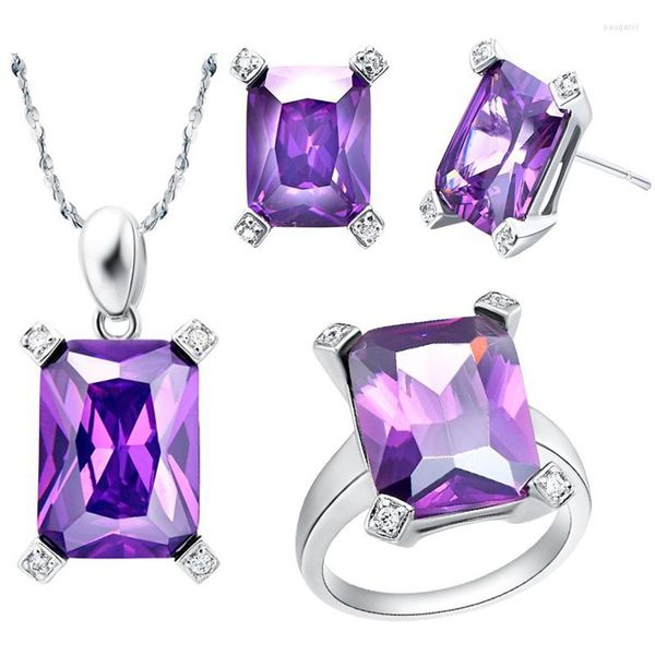 Collana orecchini set personalità da donna e collana/anello/orecchini in oro bianco zircone viola quadrato T150