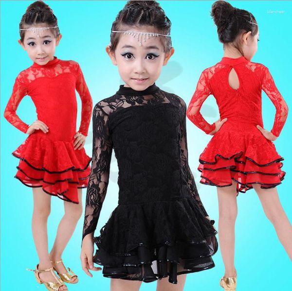 Long-Sleeve Lace Flower Latin Dance Dress for Girls - Yellow, Black, and Red stage dance wear Costume