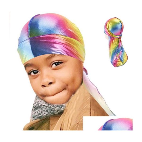 Caps Hüte Kinder Sparkly Colorf Durags Silky Wave Bandanas Kopfbedeckung Haarschmuck 6 Farben Familienhut Lange Seidenskala Laser Drop Dhu6W
