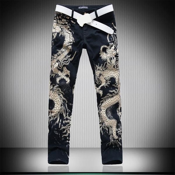 3D Wolf Dragon Leapord Impresso Skinny Black Punk Rock Jeans para Homens Mens Stretch Denim Calças Calças 201111299F