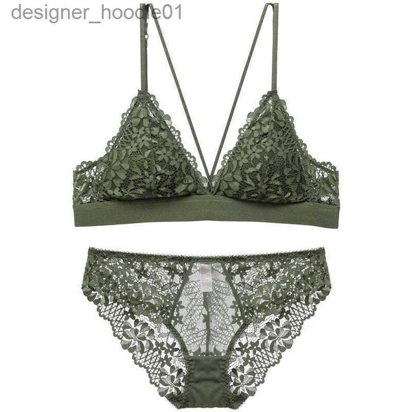 Sexy Set Strappy Bralette Elastic Underband Bras e Panty Set Unlined Wireless Dentelle Underwear Mulheres Lingerie Exército Verde Brassiere Q0705 L230918