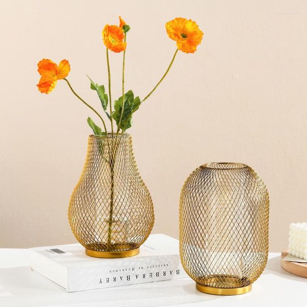 Vasos nórdico luz luxo ouro ferro trabalho claro vaso de vidro decoração de casa mesa de flor seca planta