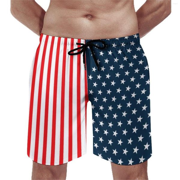 Shorts masculinos estrela e listras placa clássico masculino praia calças americana bandeira patriótica vermelho azul estrelas imprimir troncos de natação tamanho grande