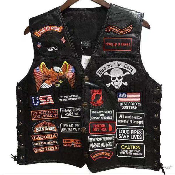 Coletes masculinos 2023 novos coletes de couro de motocicleta curto único breasted 42 patches moda bordado sem mangas jaqueta punk colete para homens j230918