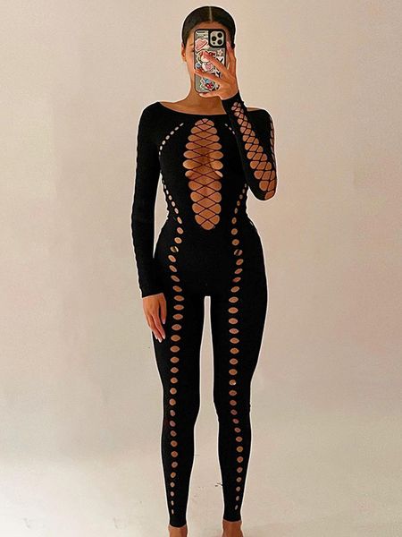 Macacões femininos macacão yuzhexi sexy buracos rasgado macacão malha ver através de manga longa macacão magro para mulheres nightclub strappy outfit 230918