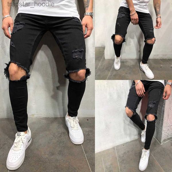 Jeans masculinos alta streetwear homens joelho com buracos decoração jeans preto com zíper fino ajuste elasticidade skinny rasgado calças para frente jeans masculinos x0621 l230918