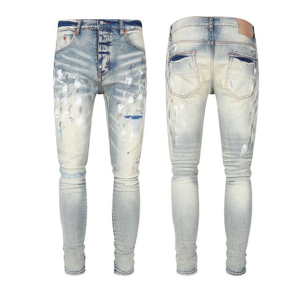 Homens Hommes Pb Roxo Jeans Skinny Pintura Lavada Fade Stitch Detalhe