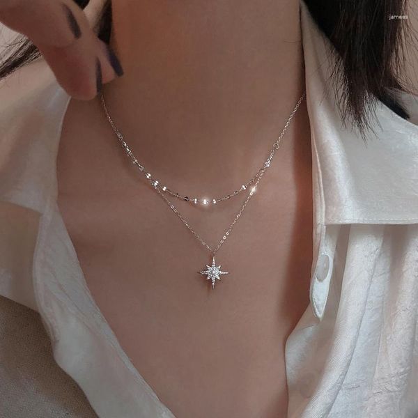 Ciondoli in argento sterling S925 con doppia stella e luna, collana da donna, catena con clavicola, diamanti lucidi, accessori di gioielli di moda