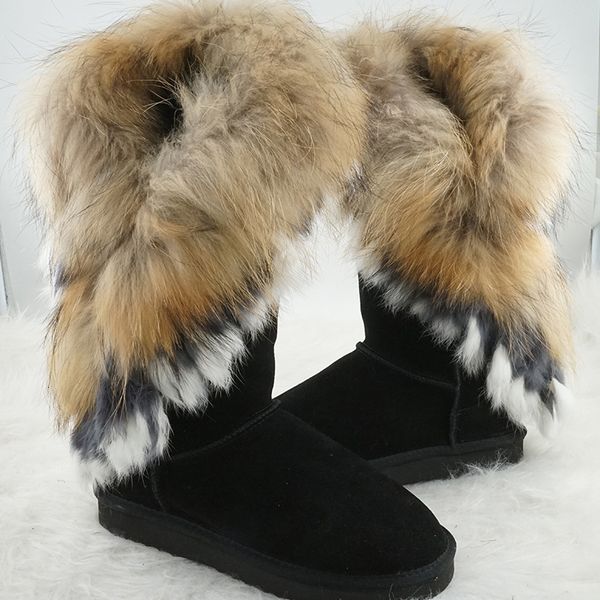 Bot moda gerçek kürk inek süet deri kadın kış karı kadın ayakkabı tavşan püskülleri yüksek kaliteli siyah 230918