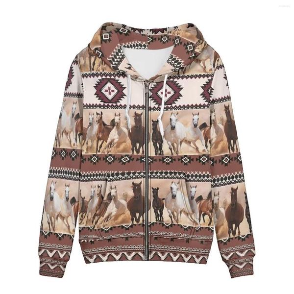 Damen Hoodies Aztec Horse Retro Gestreiftes Spleißen 3D-gedruckte Taschen Mäntel Zip Up Hoodie Harajuku Langarm Streetwear Herrenbekleidung