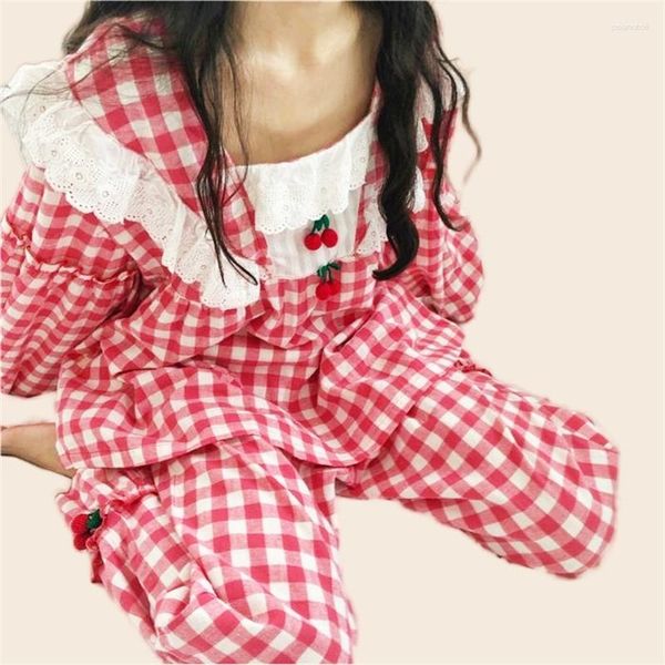 Pijamas femininos conjunto doce xadrez impressão vermelho pijama tamanho grande algodão macio homewear aconchegante princesa estilo bonito