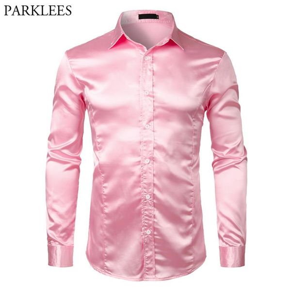 Розовая шелковая атласная классическая рубашка для мужчин, новинка 2018 года, тонкая рубашка-смокинг с длинными рукавами, мужская рубашка для свадьбы, клуба, вечеринки, танцевального выпускного вечера Camisas254O