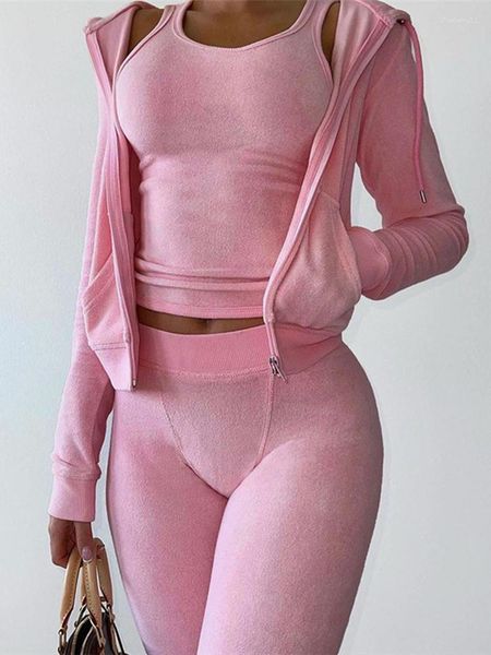Женские брюки-двойки, осенний розовый комплект из 3 трех комплектов, спортивный костюм, женский наряд, 2023, укороченный топ на молнии с длинными рукавами и капюшоном, обтягивающий одинаковый комплект