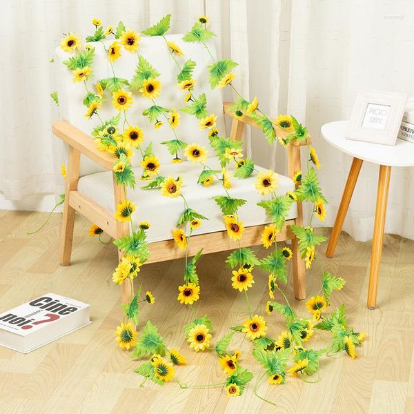 Fiori decorativi 240 cm artificiale giallo girasole ghirlanda fiore vite matrimonio floreale arco decorazione decorazione con corda di seta