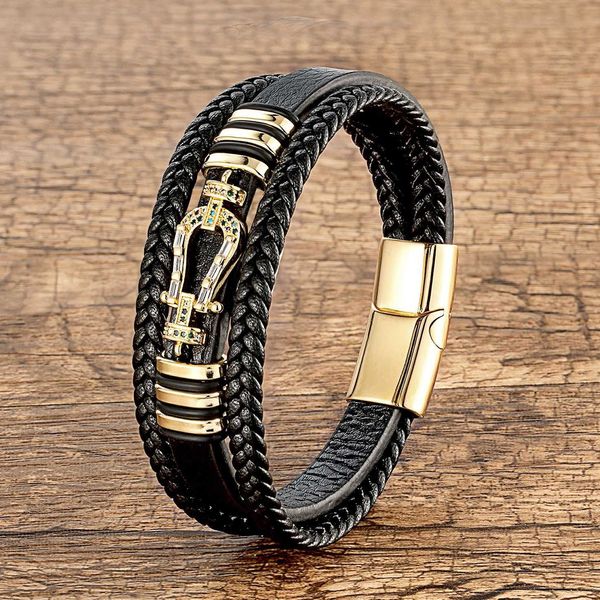 Accessori intarsiati con zirconi a forma di ferro di cavallo Bracciale in corda di cuoio Bracciale in pelle intrecciata Fibbia magnetica in acciaio inossidabile maschile e femminile