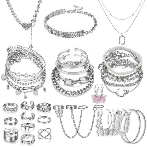 Halskette Ohrringe Set Silber Farbe Kette Perlenarmband Liebe Anhänger Zirkon Schlange Schmetterling Ring Modeschmuck