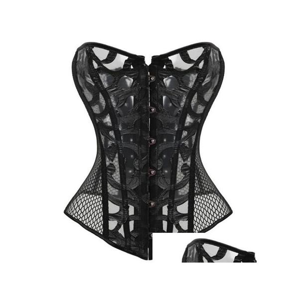 Taillen-Bauch-Shaper Y-Trainings-Korsett-Körper-Frauen-Schwarz-Schnürung-obener Überbrust-transparentes Blumenmuster-Mesh-Gothic-Tropfen-Lieferung heilen Dhxsv