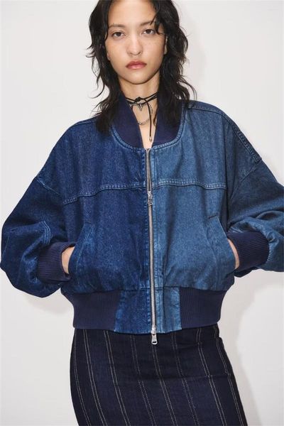 Giacche da donna Giacca patchwork di jeans da donna Cappotto Autunno Blu Contrasto Casual Colletto alla coreana Top corti con tasche Streetwear femminile