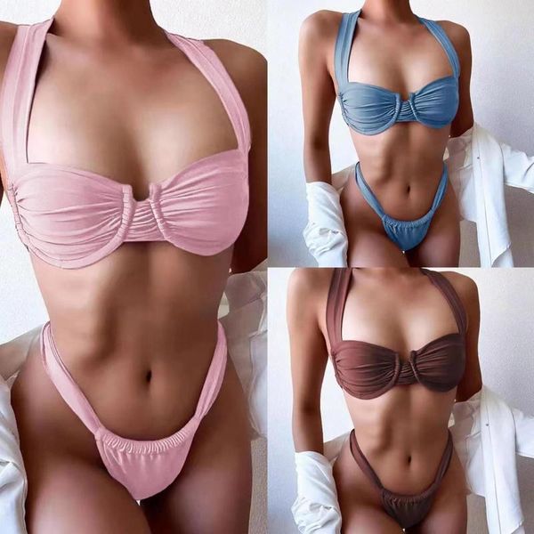Kadın mayo moda bölünmüş düz renkli çelik yüzük plaj bikini (göğüs pedleri sütyen ile 2 set) Askı sırtsız mayo kadın